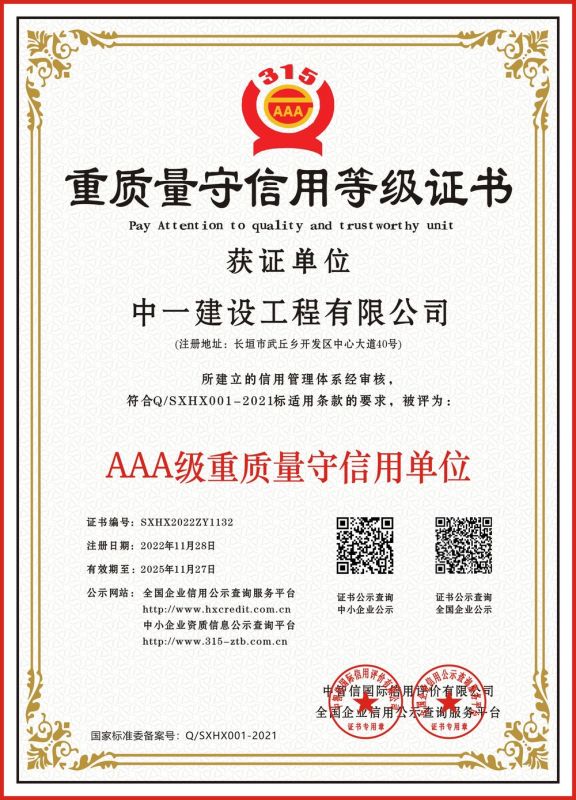 重質(zhì)量守信用等級證書